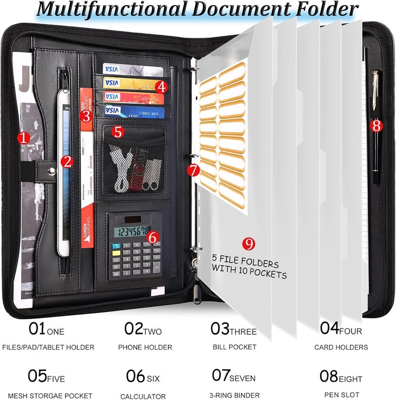 Eshow Portfolio Organizer - 3 Ring Binder with Zipper, Vegan Leather Business Padfolio Folder with Notepad Includes 5 Clear Sheet Protectors for Documents Files for Men Women - Image 2